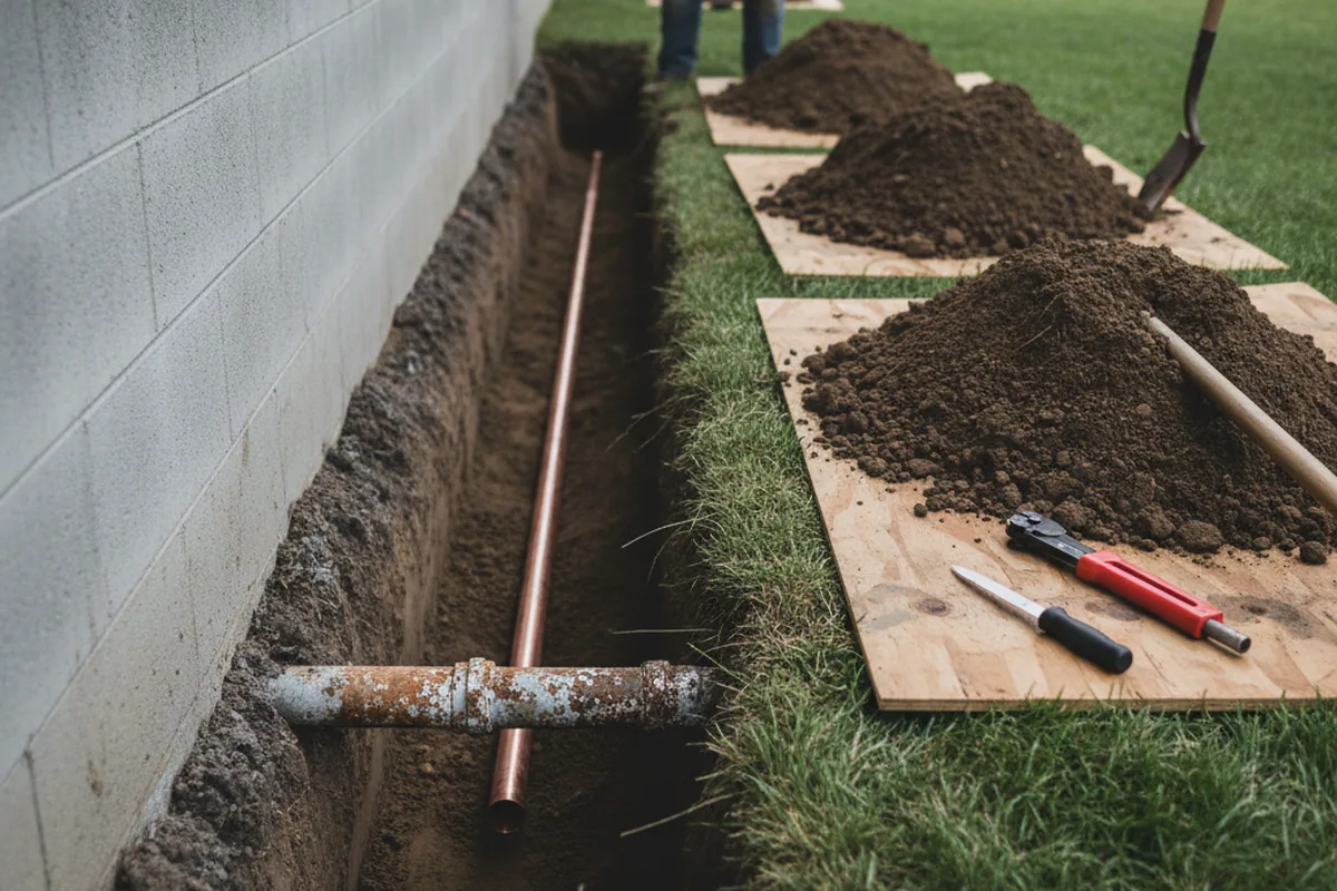 Excavated water line trench during Water Heater Repair in Lancing